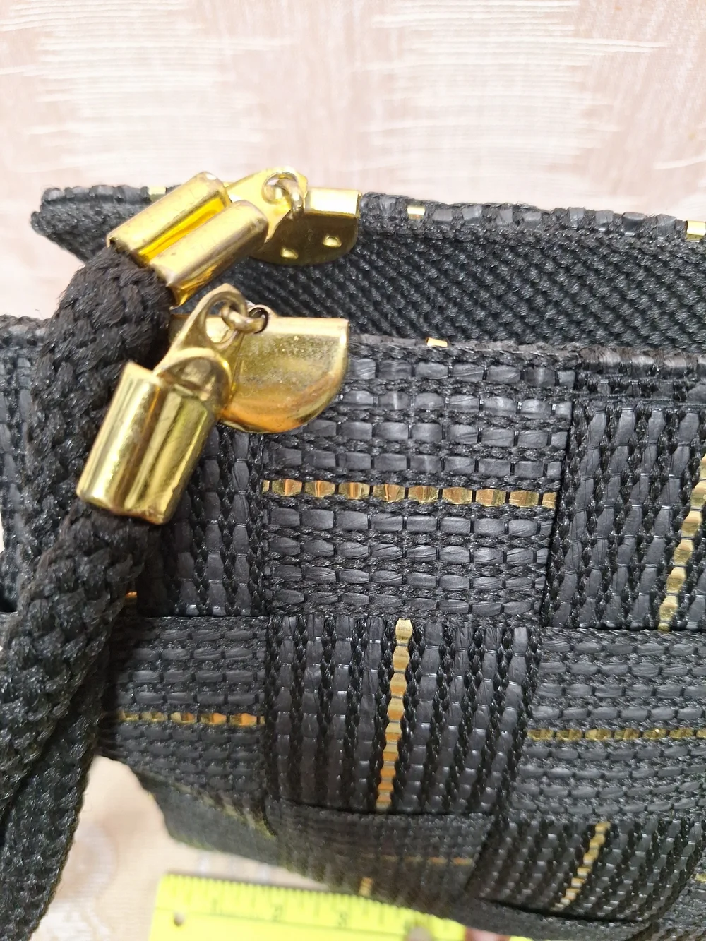 Woven Black Shoulder Bag with Gold Trim